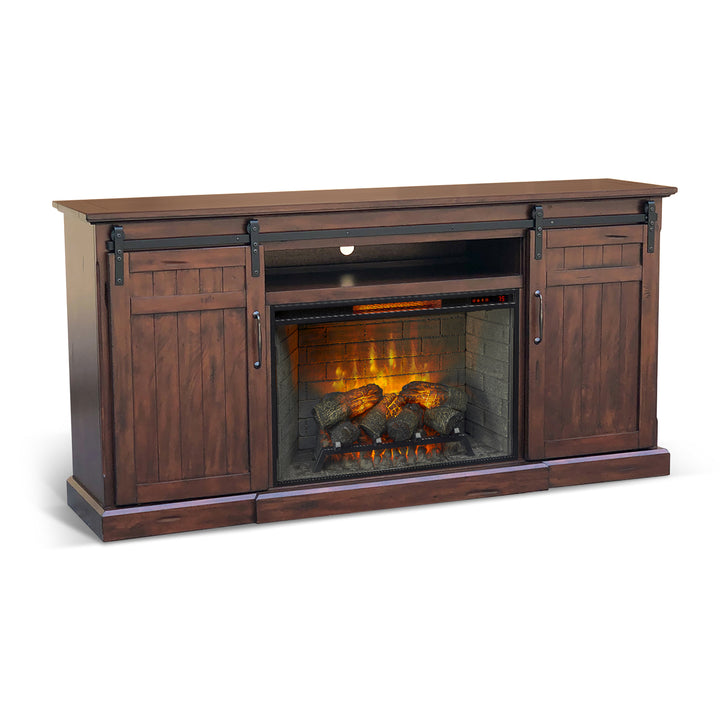 Sunny Designs 78" Barn Door Media Console with Electric Fireplace Insert in Vintage Mocha finish K3648VM-A
