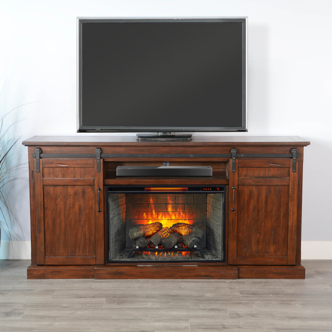 Sunny Designs 78" Barn Door Media Console with Electric Fireplace Insert in Vintage Mocha finish K3648VM-A with TV on top of console