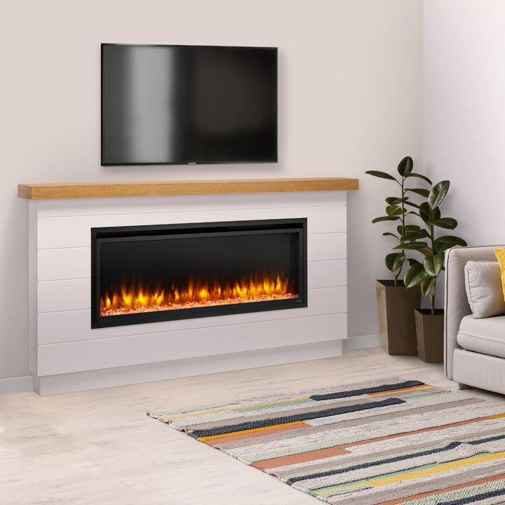 SimpliFire 50" Allusion Platinum Linear Electric Fireplace SF-ALLP50-BK with modern farmhouse build out kit