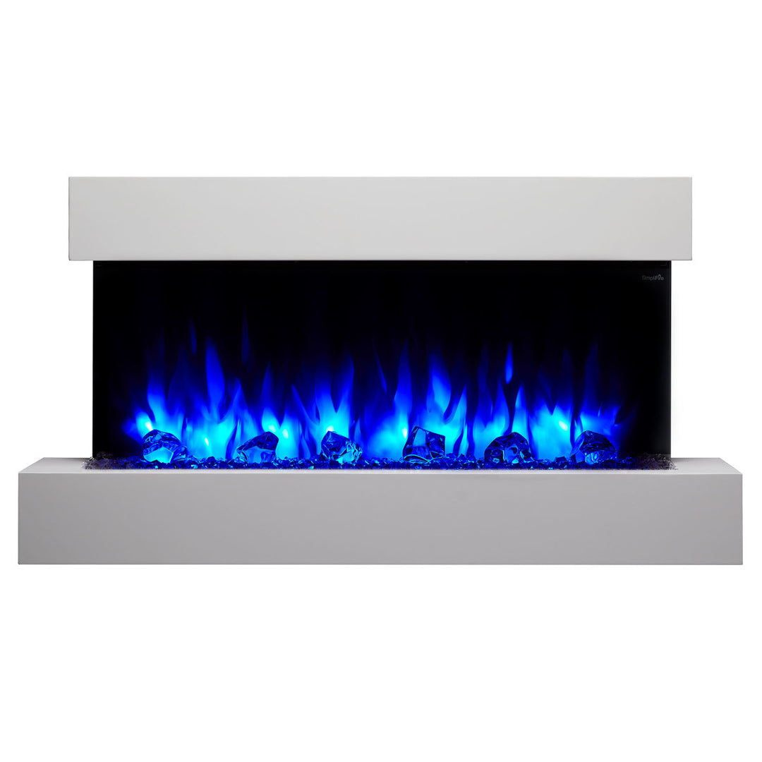 SimpliFire Format 36" Wall Mount Electric Fireplace - SF-FORMAT36 with white 43" floating wall mantel and blue flames