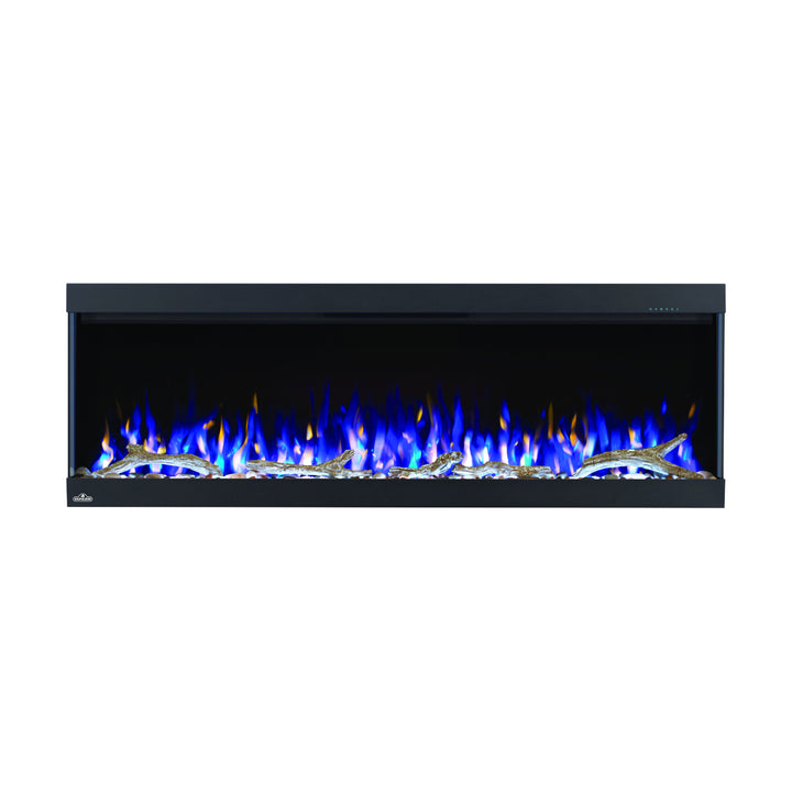 Napoleon Trivista Pictura 50" Wall-Mount Electric Fireplace NEFL50H-3SV with blue and orange flames with driftwood logs