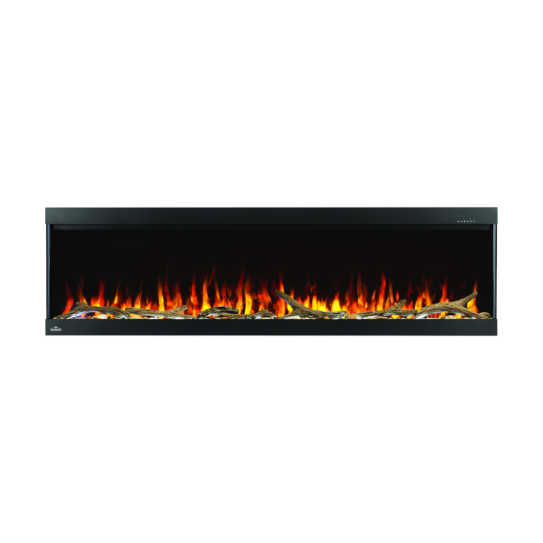 Napoleon Trivista Pictura 60" Wall-Mount Electric Fireplace NEFL60H-3SV with driftwood logs and orange flames