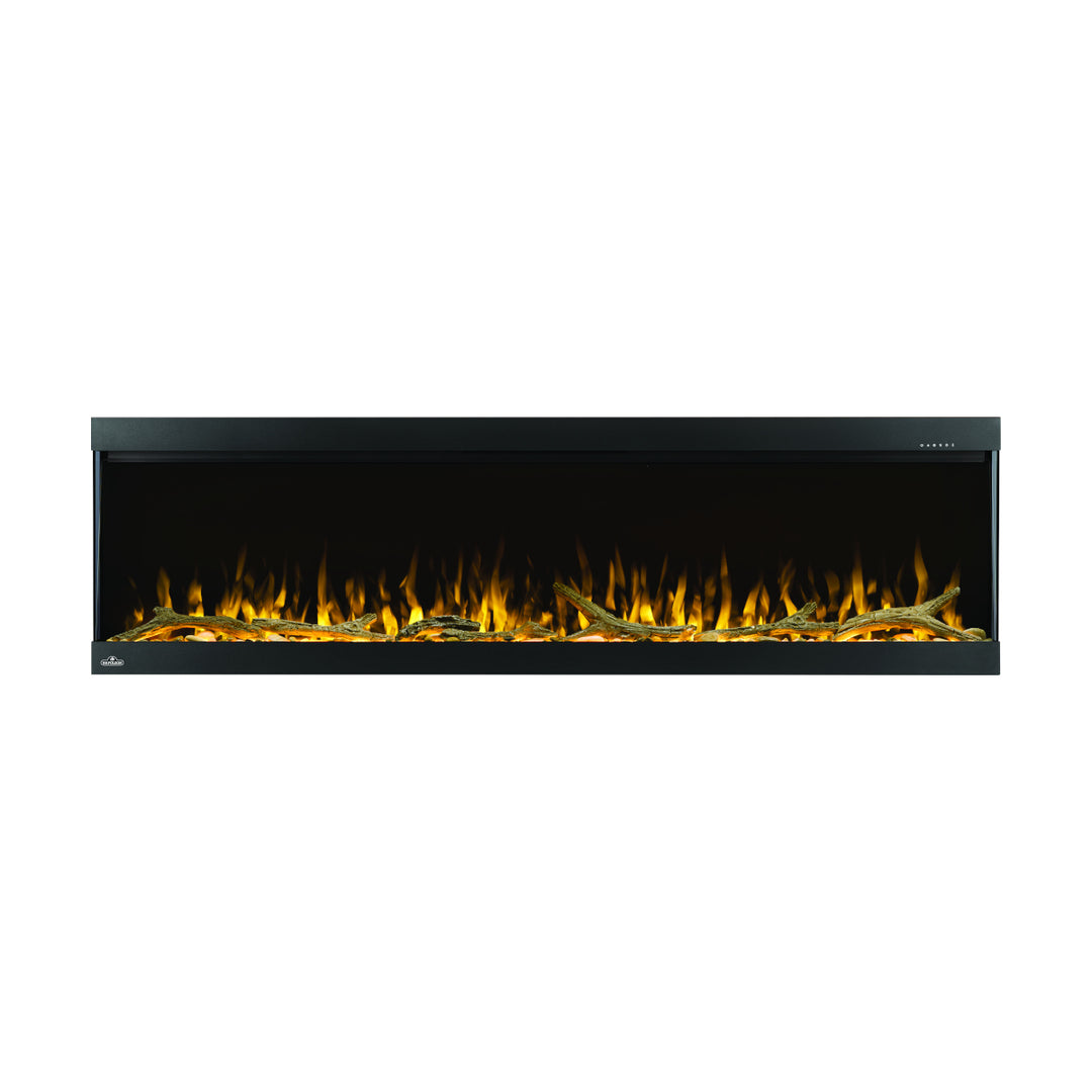 Napoleon Trivista Pictura 60" Wall-Mount Electric Fireplace NEFL60H-3SV with driftwood logs and yellow flames