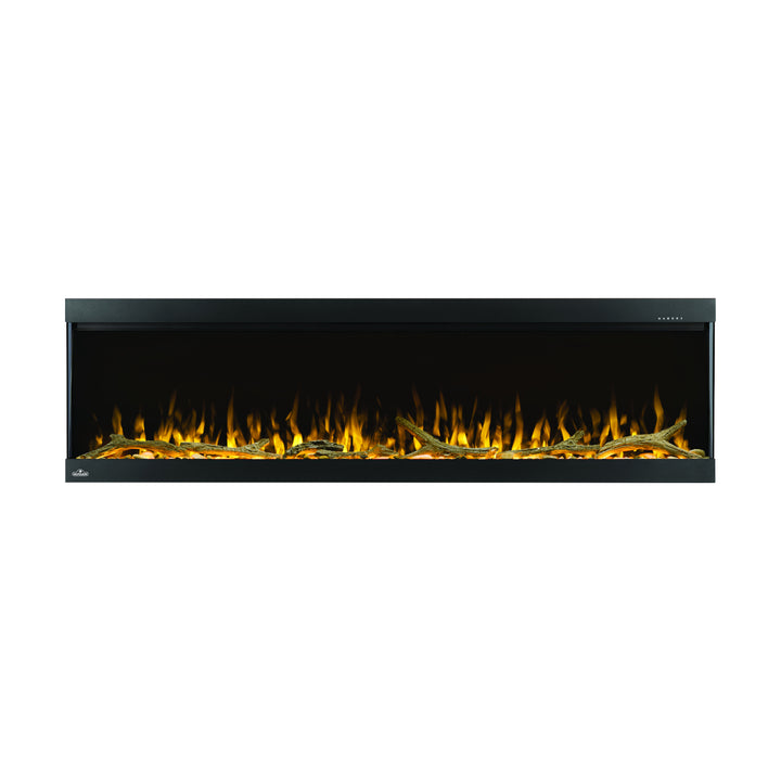 Napoleon Trivista Pictura 60" Wall-Mount Electric Fireplace NEFL60H-3SV with driftwood logs and yellow flames