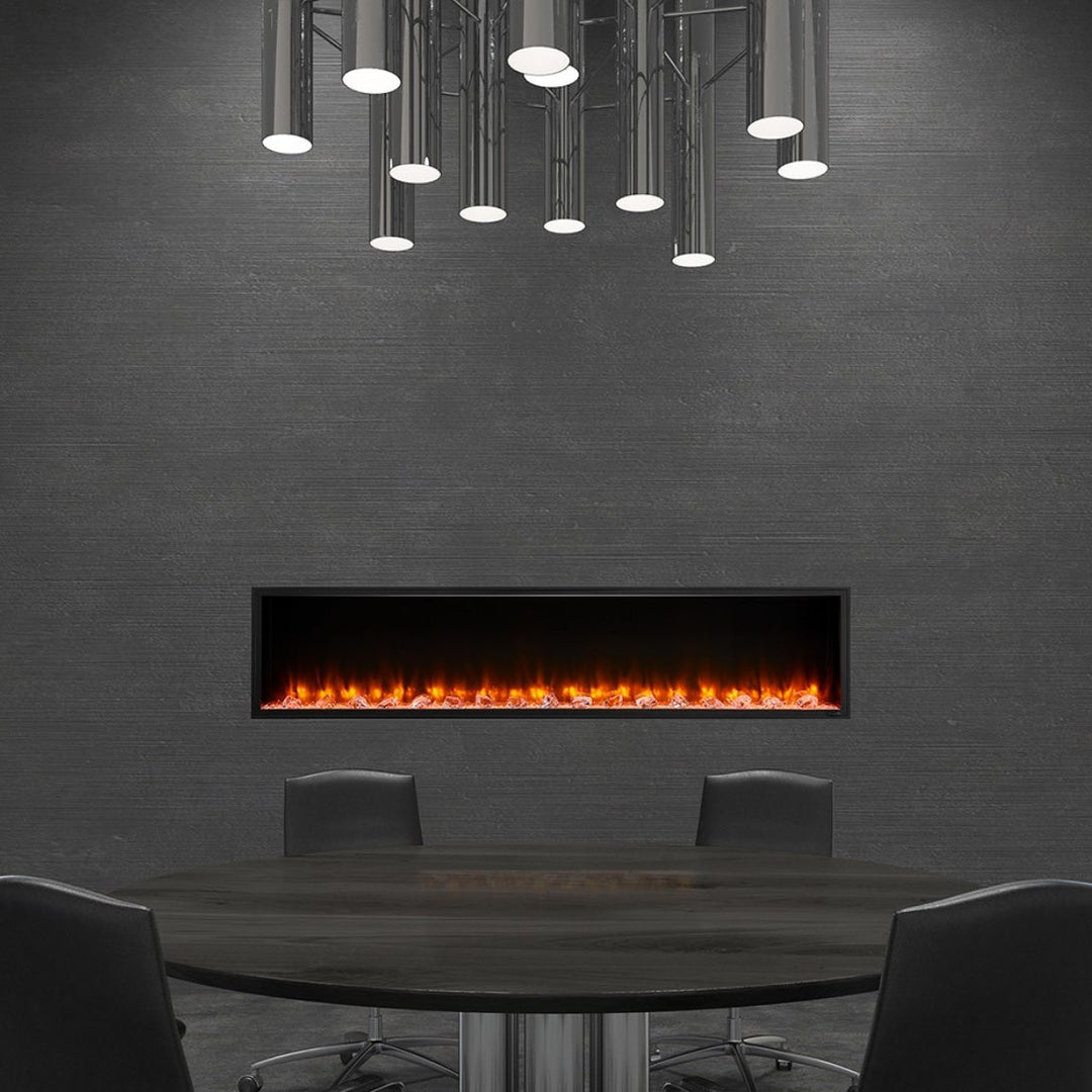 SimpliFire 78" Scion Linear Built-In Electric Fireplace SF-SC78-BK with orange flames in meeting room