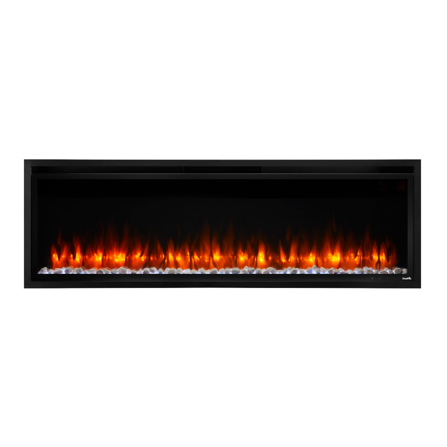 SimpliFire 60" Allusion Platinum Linear built-in electric fireplace SF-ALLP60-BK with orange flames and white ceramic stones