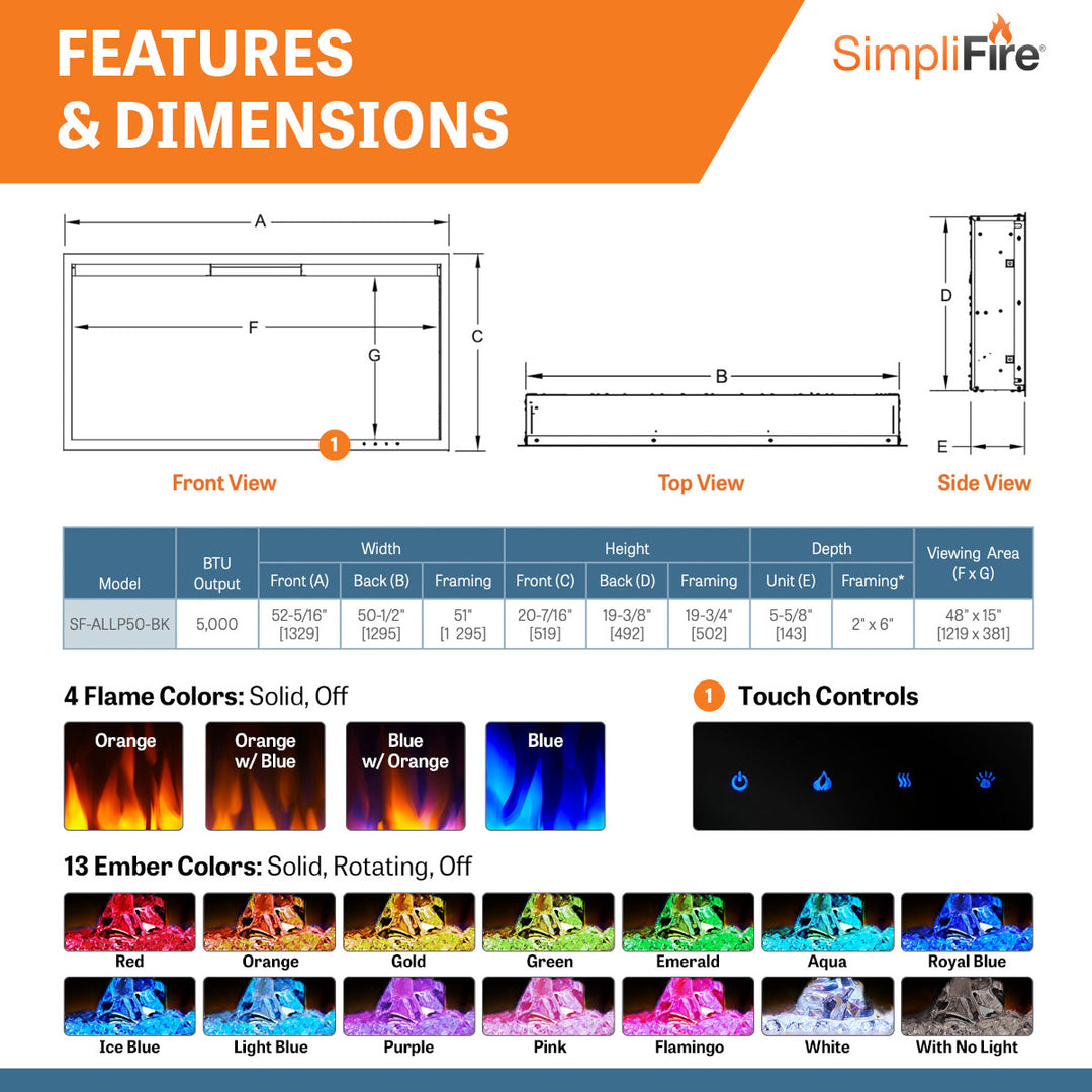 SimpliFire 50" Allusion Platinum Linear Electric Fireplace SF-ALLP50-BK features and dimensions sheet