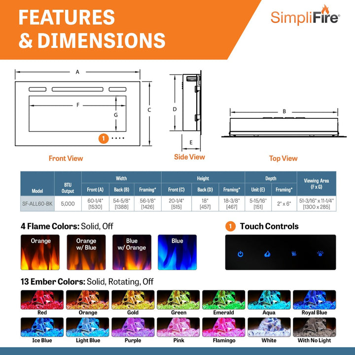 SimpliFire 60" Allusion built-in linear electric fireplace SF-ALL60-BK features and dimensions