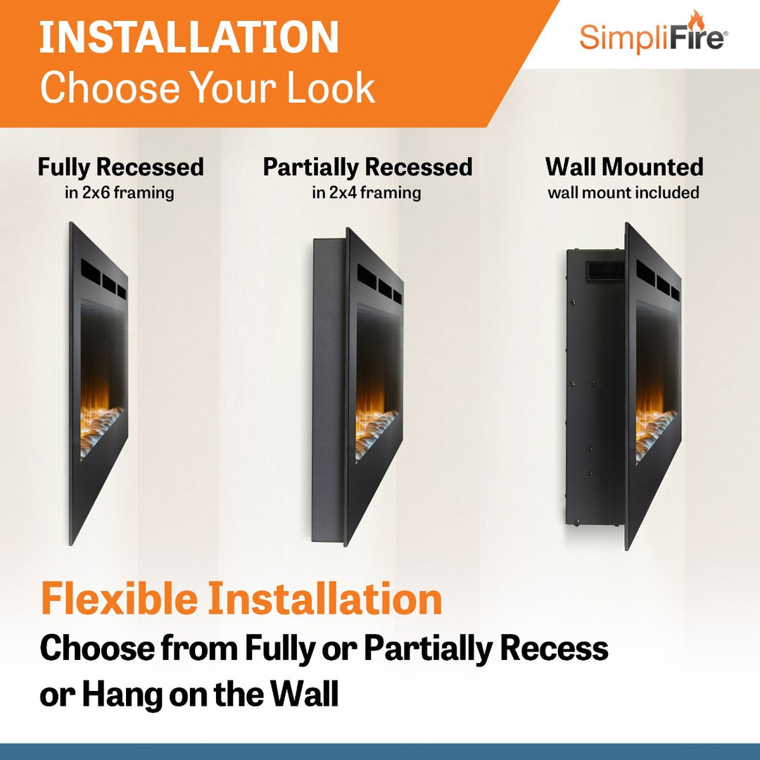 SimpliFire 60" Allusion built-in linear electric fireplace SF-ALL60-BK install options