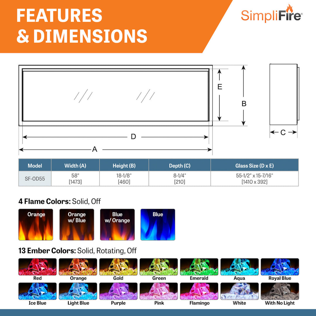 SimpliFire 55" Forum outdoor linear electric fireplace - SF-OD55 features and dimensions