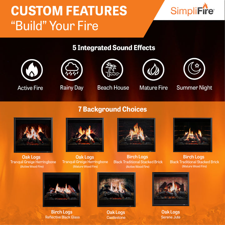 SimpliFire Inception 36" Built-In Electric Fireplace - SF-INC36 background and sound features