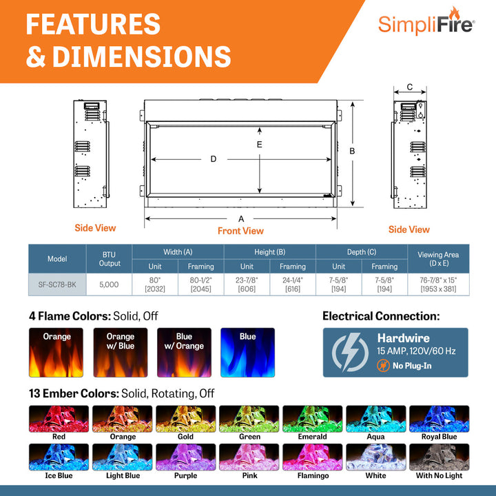 SimpliFire 78" Scion Linear Built-In Electric Fireplace SF-SC78-BK features and dimensions sheet