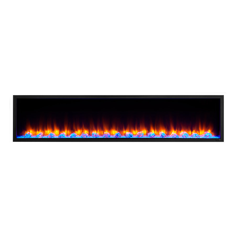 SimpliFire 78" Scion Linear Built-In Electric Fireplace SF-SC78-BK with orange flames and blue embers