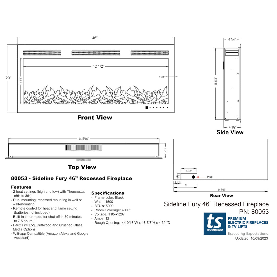 Touchstone Sideline Fury 46" Smart Electric Fireplace 80053 specs sheet