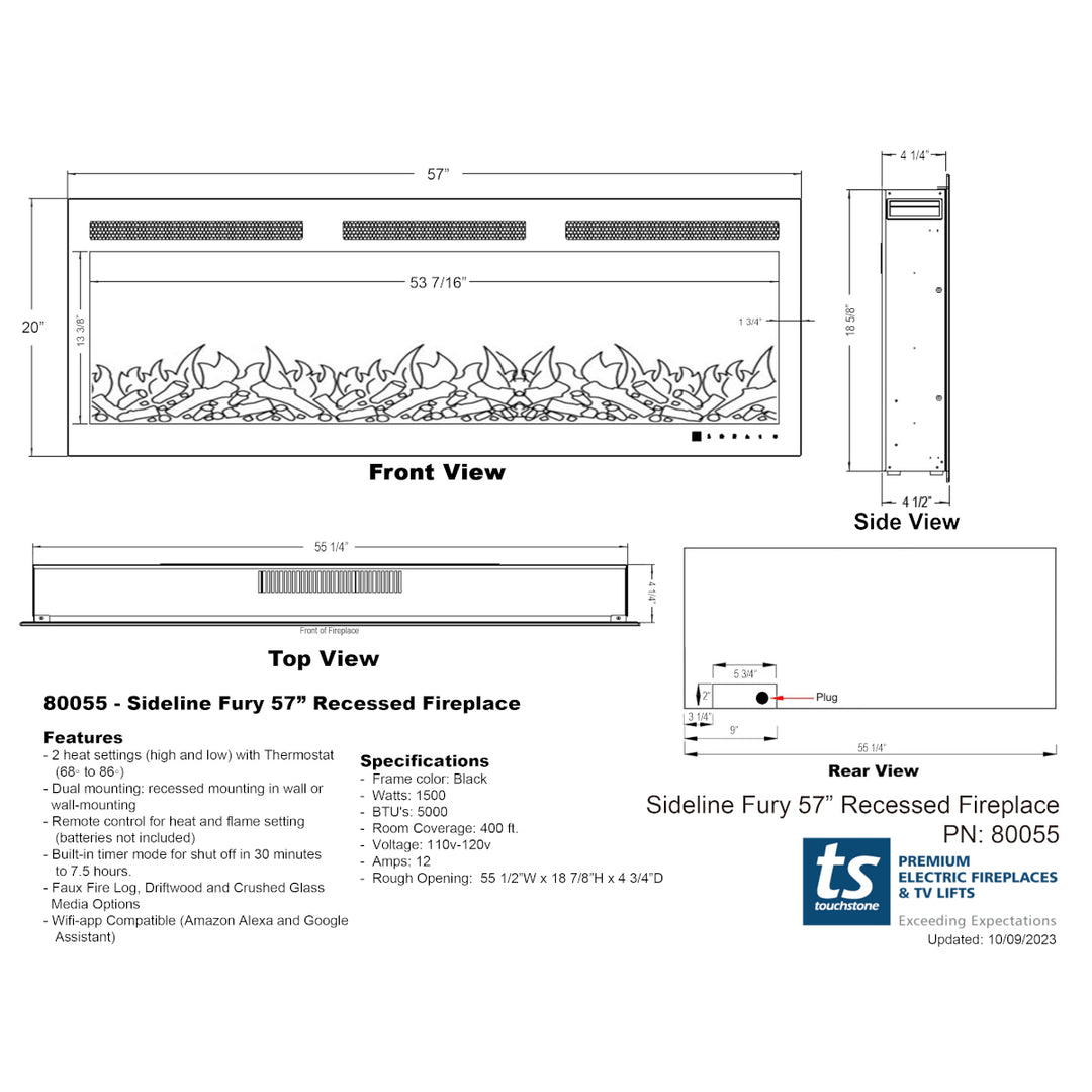 Touchstone Sideline Fury 57" Smart Electric Fireplace 80055 spec sheet