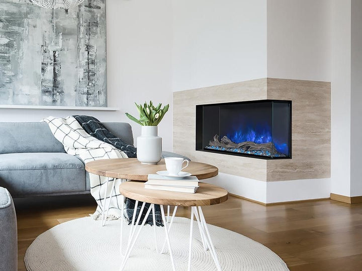 modern flames 44 inch linear electric fireplace installed in a wall with left corner open sided