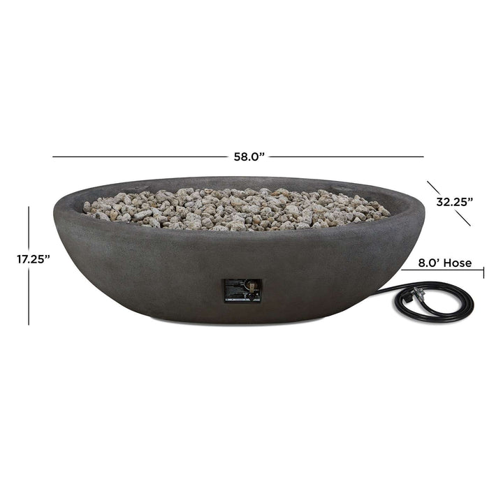 Dimensions of a fire pit with pebbles and hose on a white background