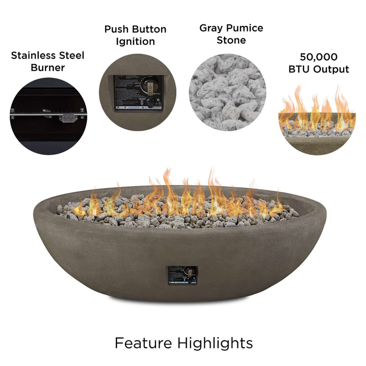 Fire pit with features highlighted including push button ignition, stainless steel burner, gray pumice stone, and 50,000 BTU output.