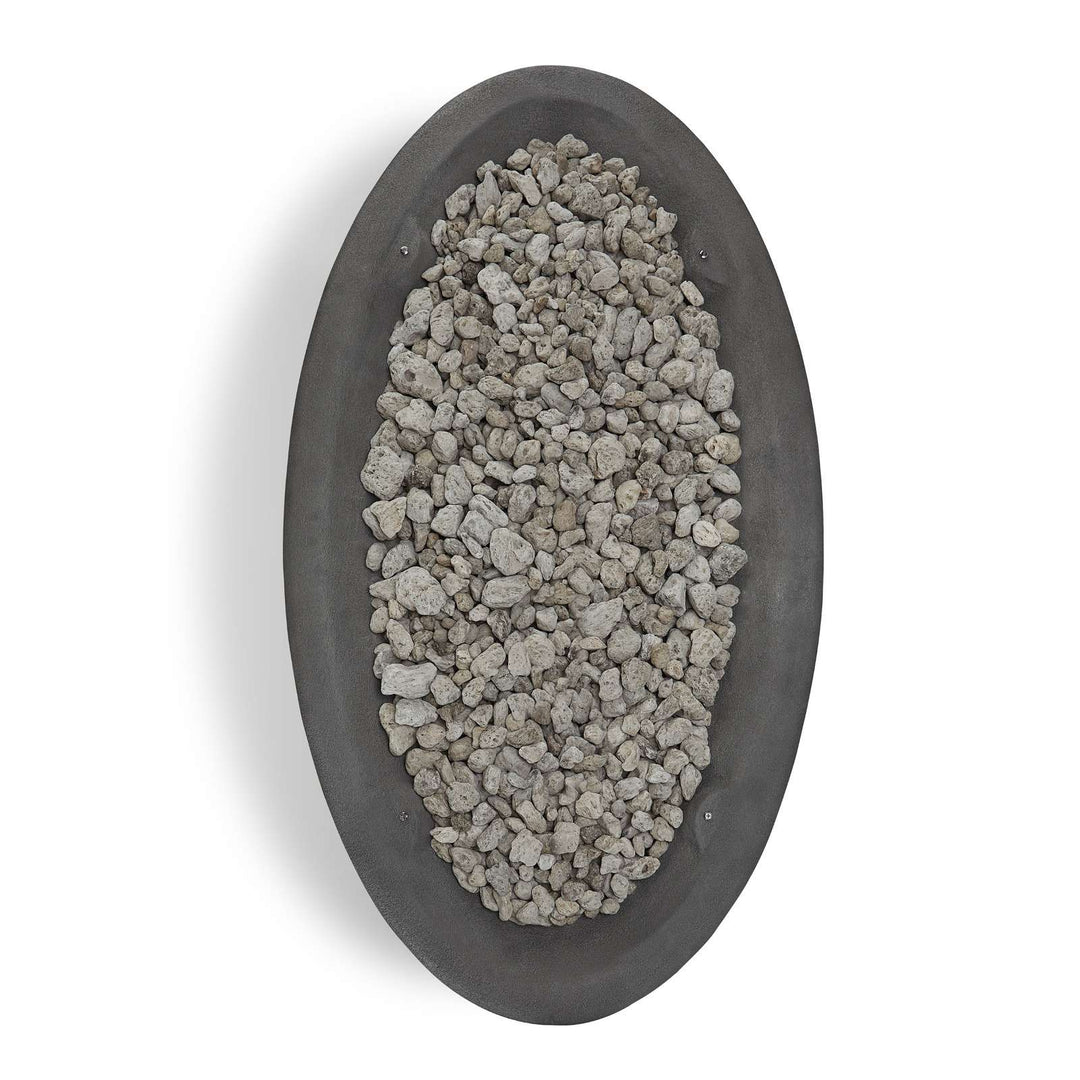 Oval-shaped fire table filled with small stones on a white background