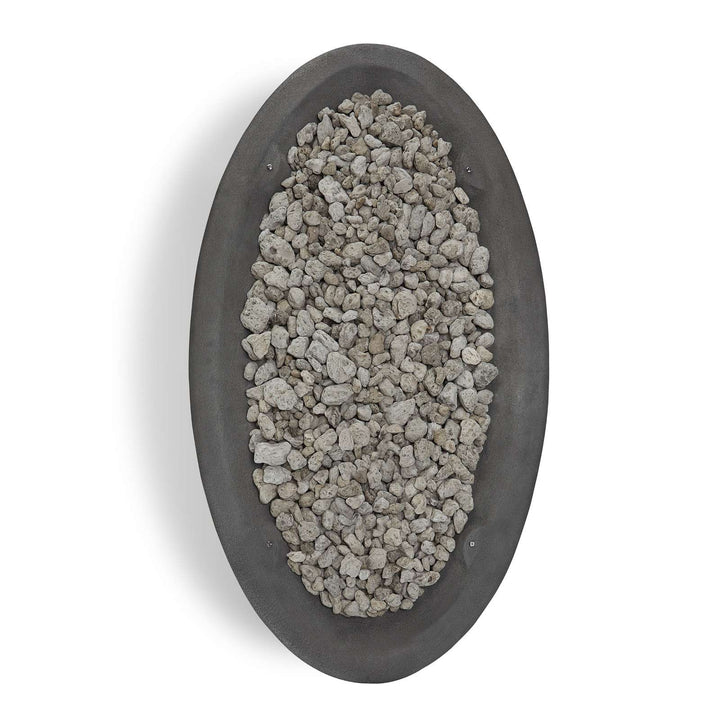 Oval-shaped fire table filled with small stones on a white background