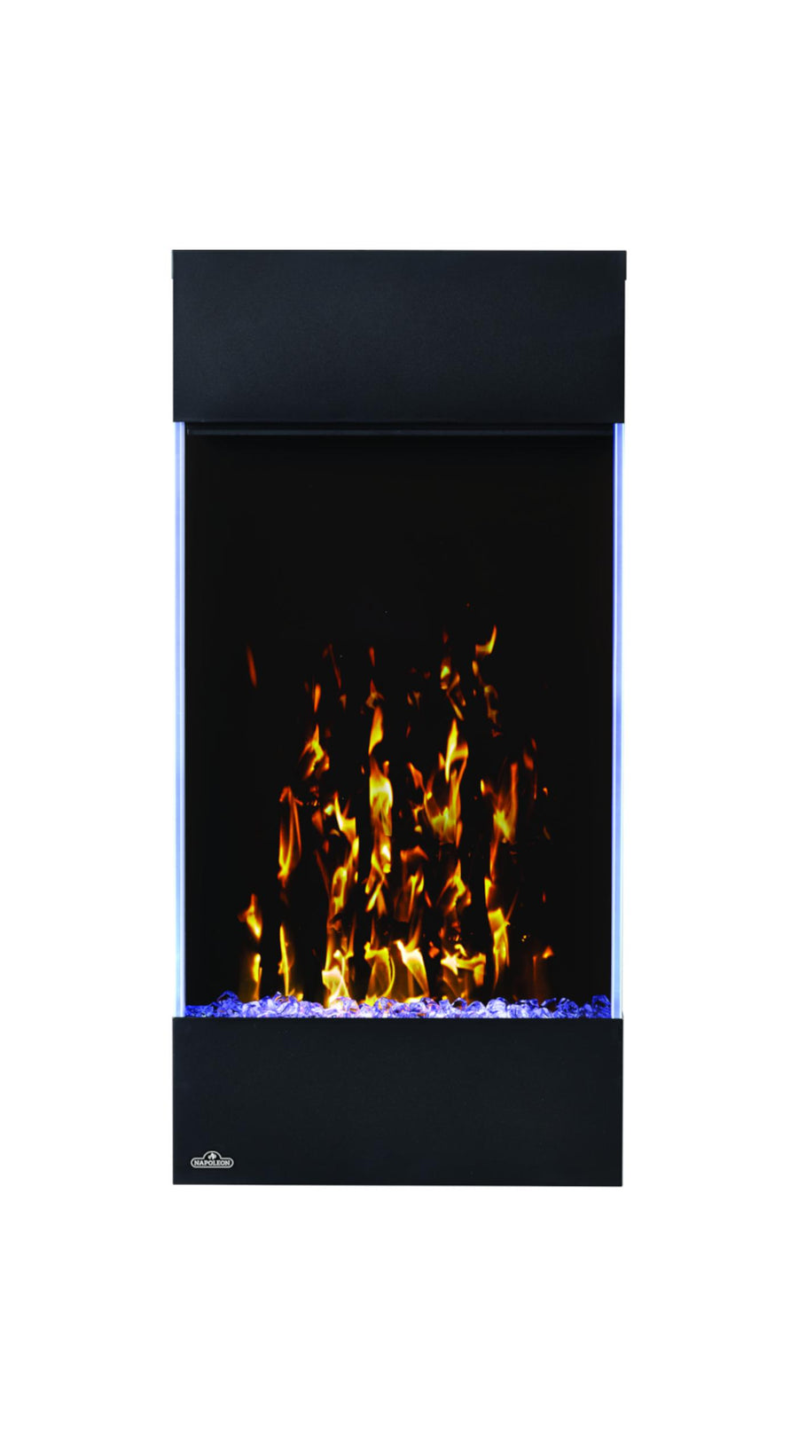 Napoleon Allure Vertical 32" Electric fireplace with orange flames, blue accent light, and purple embers