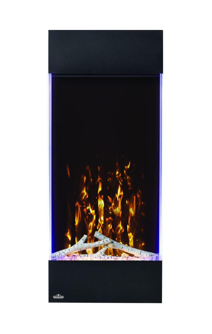 Napoleon Allure Vertical 38" Electric fireplace with orange flames birch logs and purple accent