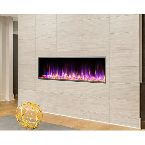 Dyansty Harmony BEF57 57" built-in linear electric fireplace with purple and yellow flames