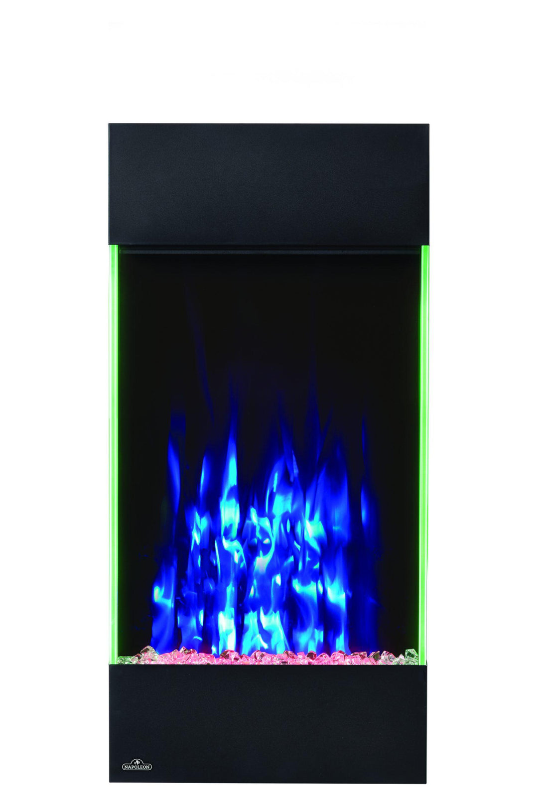 Napoleon Allure Vertical 32" Electric fireplace with blue flames, green accent light, and pink embers