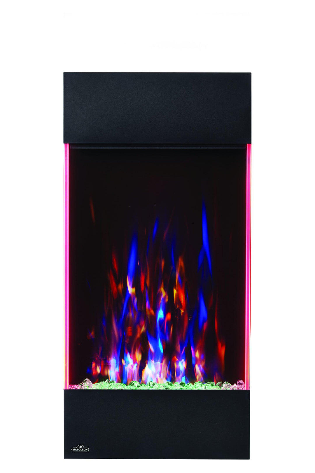 Napoleon Allure Vertical 32" Electric fireplace with pink accent, green embers, and red and blue flames