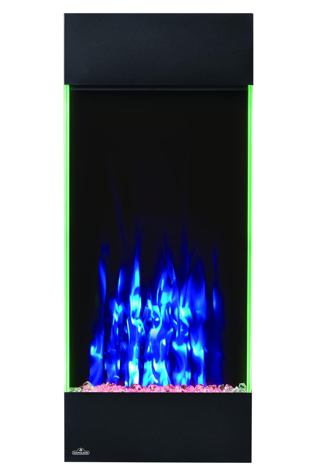Napoleon Allure Vertical 38" Electric fireplace with blue flames, green accent, and pink embers