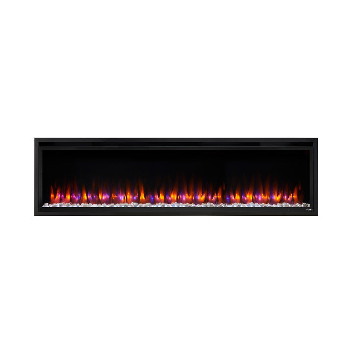SimpliFire 72" Allusion Platinum linear built-in electric fireplace SF-ALLP72-BK with orange and pink flames, and ceramic stones