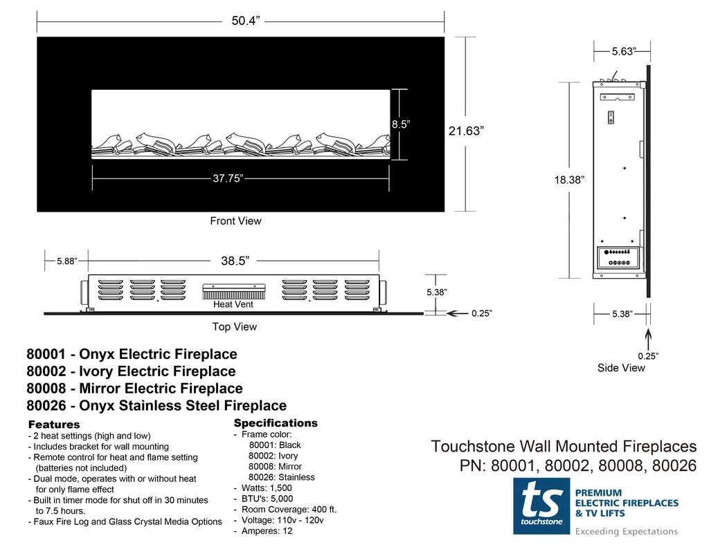 Touchstone 80008 Mirror Onyx Fireplace Spec Sheet