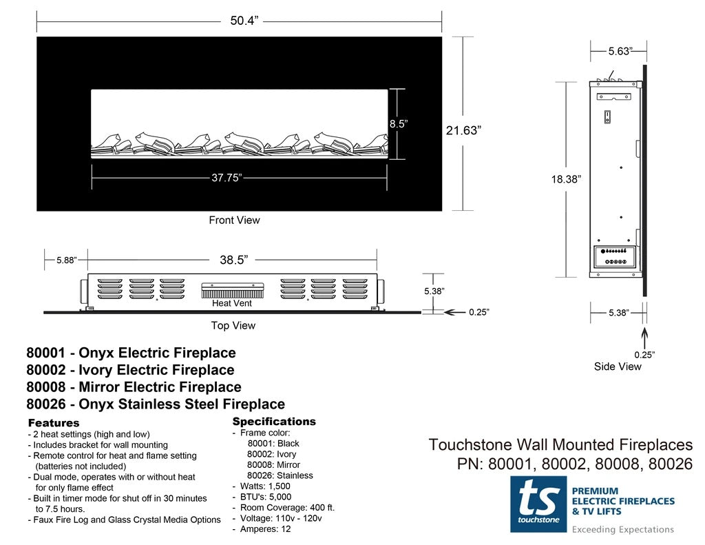 Touchstone Onyx 80001 Linear Electric Fireplace Spec Sheet