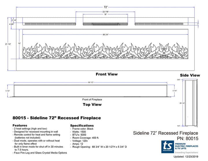 Touchstone Sideline 80015 Recessed Linear Electric Fireplace Spec Sheet