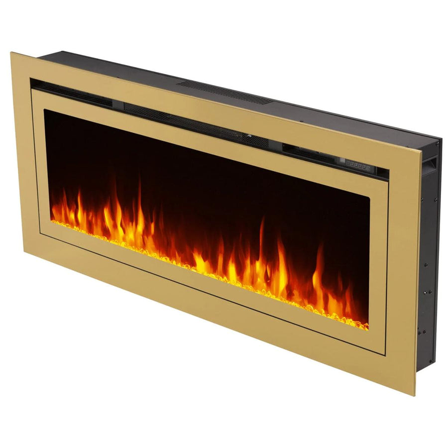 Touchstone Sideline 86275 recessed linear smart electric fireplace with gold surround